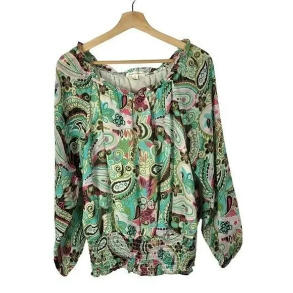 JohnPaulRichard Green & Pink Paisley Smocked Hem Long Sleeve Blouse M - Picture 1 of 4